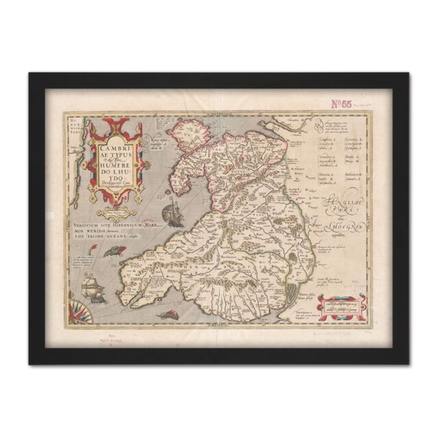 "Artery8 Wall Art Print Hondius 1633 Welsh Latin Early Map Wales Cymru Large Framed Wall Décor Art in Light Oak - Size: W18"" x H24""" - image 1