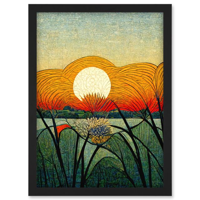 Artery8 Vibrant Sunset Flower Meadow W Morris Style Artwork Framed Wall Art Print A4 in Black - image 1