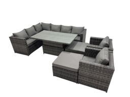 Fimous 10-seater Rattan Garden Furniture Dining Set with 2 Big Stools in Dark Grey - thumbnail 1