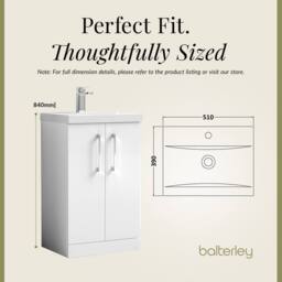 Balterley Modern Bathroom 2 Soft-Close Door Floor Standing Vanity Unit with Mid-Edge Basin, Gloss White, 500 mm in White - thumbnail 5