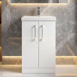Balterley Modern Bathroom 2 Soft-Close Door Floor Standing Vanity Unit with Mid-Edge Basin, Gloss White, 500 mm in White - thumbnail 9