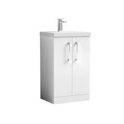 Balterley Modern Bathroom 2 Soft-Close Door Floor Standing Vanity Unit with Mid-Edge Basin, Gloss White, 500 mm in White