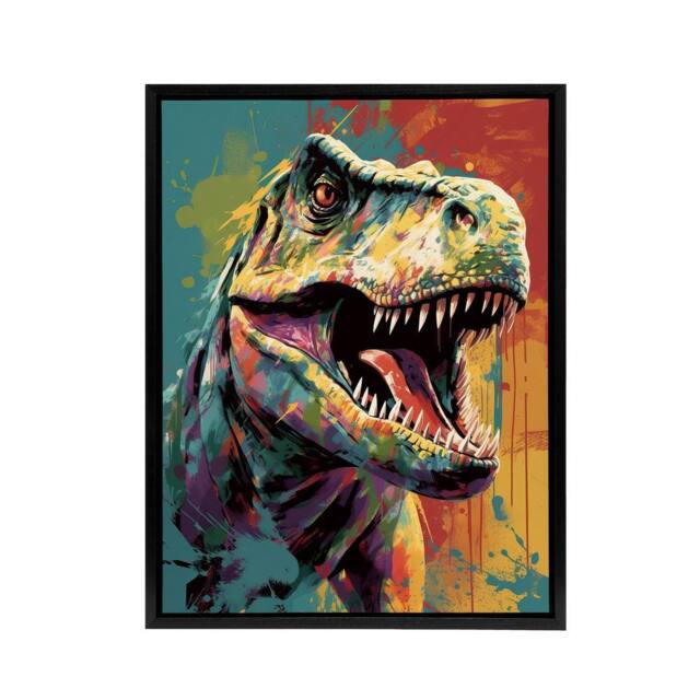 "Artery8 Roaring T Rex Colourful Dinosaur Framed Canvas Wall Art Print - Size: W12"" x H16""" - image 1