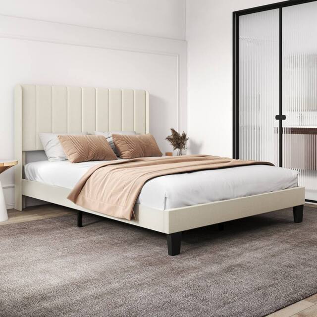 Levede King Bed Frame Metal & Wood Plush Upholstered Mattress Base in Beige - image 1