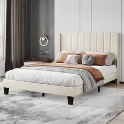 Levede King Bed Frame Metal & Wood Plush Upholstered Mattress Base in Beige - thumbnail 2