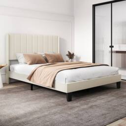 Levede King Bed Frame Metal & Wood Plush Upholstered Mattress Base in Beige - thumbnail 1
