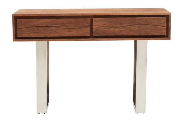 Orsina Acacia Wood Two Drawer Console Table, Silver Finish Metal Frame With Sled Base, Wooden Hallway Table in Brown - image 1