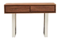 Orsina Acacia Wood Two Drawer Console Table, Silver Finish Metal Frame With Sled Base, Wooden Hallway Table in Brown