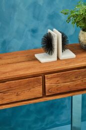Orsina Acacia Wood Two Drawer Console Table, Silver Finish Metal Frame With Sled Base, Wooden Hallway Table in Brown - thumbnail 3