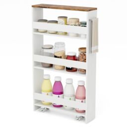 Costway 4-Tier Slim Storage Cart Narrow Rolling Kitchen Serving Cart w/ Open Shelves in Dark Brown - thumbnail 1