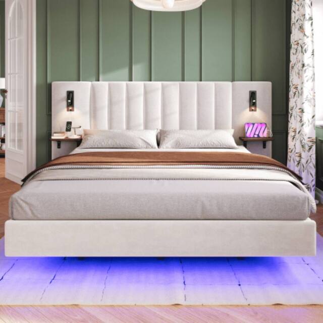 Matteo Upholstered Bed, Adults Teenagers King Bed 2 Bedside Lamps, Headboard Storage Function in White - Size: Double - image 1
