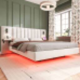 Matteo Upholstered Bed, Adults Teenagers King Bed 2 Bedside Lamps, Headboard Storage Function in White - Size: Double - thumbnail 2