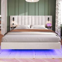 Matteo Upholstered Bed, Adults Teenagers King Bed 2 Bedside Lamps, Headboard Storage Function in White - Size: Double