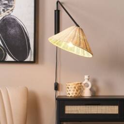 Wyld and Coco Wall Lamp Natural Rattan 33cm Cone Shade Adjustable Iron Arm Boho