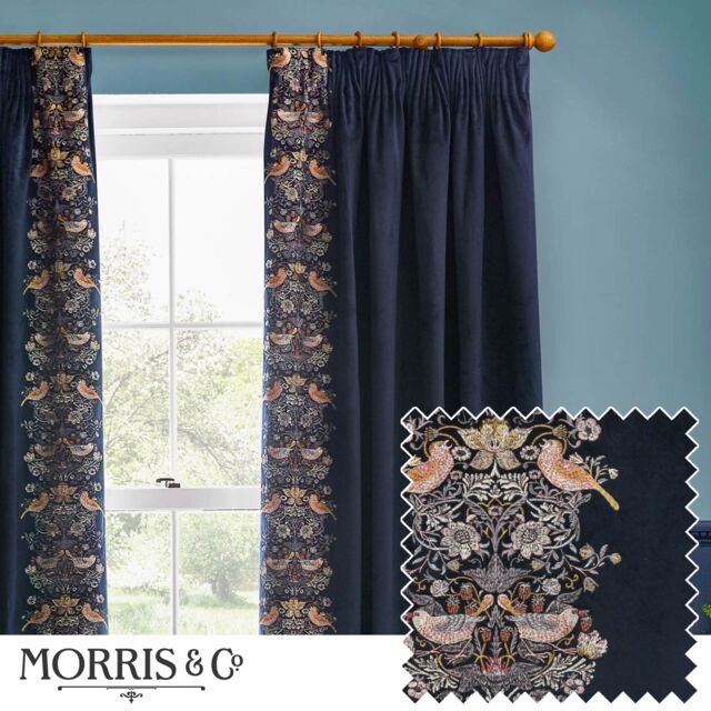 Morris & Co Strawberry Thief Embroidered Velvet Room Darkening Pencil Pleat Curtain Pair in Indigo - Size: 229 cm width x 183 cm drop - image 1