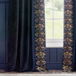 Morris & Co Strawberry Thief Embroidered Velvet Room Darkening Pencil Pleat Curtain Pair in Indigo - Size: 229 cm width x 183 cm drop - thumbnail 5