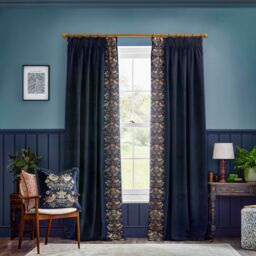 Morris & Co Strawberry Thief Embroidered Velvet Room Darkening Pencil Pleat Curtain Pair in Indigo - Size: 229 cm width x 183 cm drop - thumbnail 2