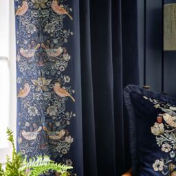 Morris & Co Strawberry Thief Embroidered Velvet Room Darkening Pencil Pleat Curtain Pair in Indigo - Size: 229 cm width x 183 cm drop - thumbnail 4