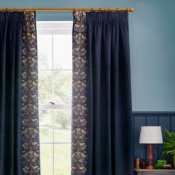 Morris & Co Strawberry Thief Embroidered Velvet Room Darkening Pencil Pleat Curtain Pair in Indigo - Size: 229 cm width x 183 cm drop - thumbnail 3