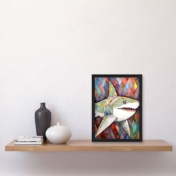 Artery8 Great White Shark Folk Art Watercolour Painting Artwork Framed Wall Art Print A4 in Black - thumbnail 2
