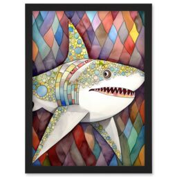 Artery8 Great White Shark Folk Art Watercolour Painting Artwork Framed Wall Art Print A4 in Black - thumbnail 1