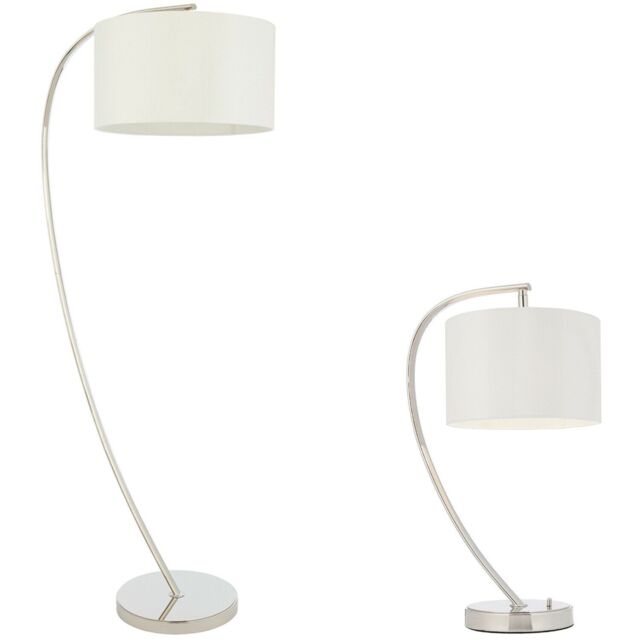 Loops Standing Floor & Table Lamp Set Bright Nickel & White Shade Curved Stem Light in Metallics - image 1