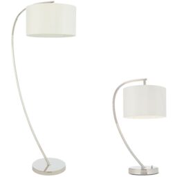 Loops Standing Floor & Table Lamp Set Bright Nickel & White Shade Curved Stem Light in Metallics