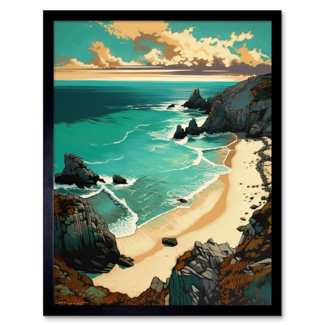 "Artery8 Wall Art Print Porthcurno Sandy Beach Cliffs Coastal Landscape Art Framed in Black - Size: W12"" x H16""" - image 1