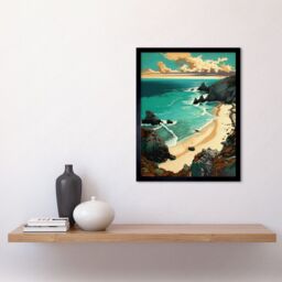 "Artery8 Wall Art Print Porthcurno Sandy Beach Cliffs Coastal Landscape Art Framed in Black - Size: W12"" x H16""" - thumbnail 2