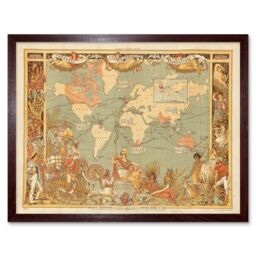 "Artery8 Wall Art Print British Empire 1886 Imperial Federation Colony Illustrated People Graphic World Map Art Framed in Brown - Size: W12"" x H16""" - thumbnail 1
