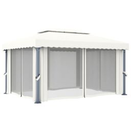Berkfield Home Gazebo with Curtain 4x3 m Cream White Aluminium - thumbnail 4