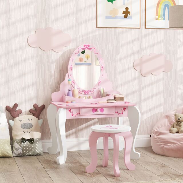 AIYAPLAY Kids Dressing Table Set, Two-Piece Children Vanity Table with Stool in Pink - image 1