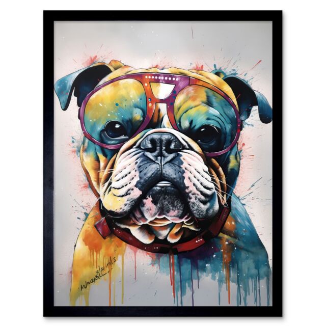"Artery8 Wall Art Print English Bulldog Dog Wearing Vintage Sunglasses Art Framed in Black - Size: W12"" x H16""" - image 1