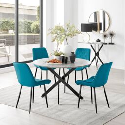 FurnitureboxUK Novara Grey Concrete Effect Black Leg 120cm Round Dining Table & 4 Pesaro Black Leg Chairs in Blue - thumbnail 1