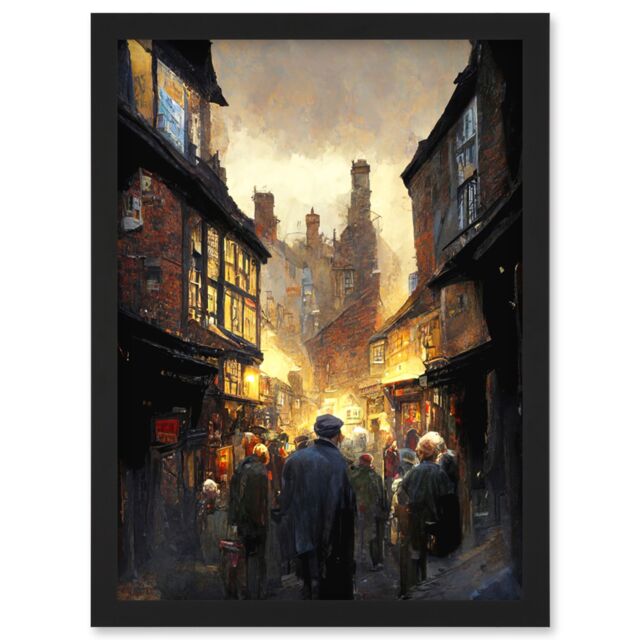 Artery8 The Shambles York Medieval City Street Oil Painting Artwork Framed Wall Art Print A4 in Black - image 1