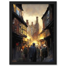 Artery8 The Shambles York Medieval City Street Oil Painting Artwork Framed Wall Art Print A4 in Black - thumbnail 1