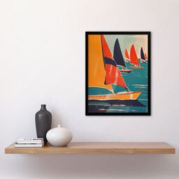 Artery8 Retro Sailboats at Sea Artwork Nautical Fun Framed Art Print in Orange - Size: A4 - thumbnail 4