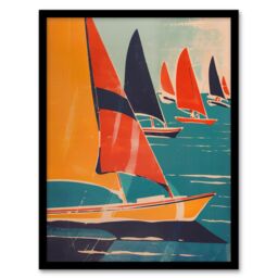 Artery8 Retro Sailboats at Sea Artwork Nautical Fun Framed Art Print in Orange - Size: A4 - thumbnail 1
