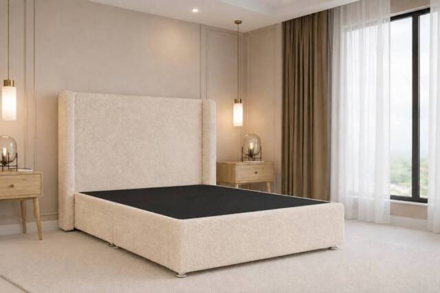 "Nexus Mattresses Ltd Portofino Teddy Divan Bed Base No Drawers - 54"" Winged Headboard in Cream - Size: Small Double" - image 1