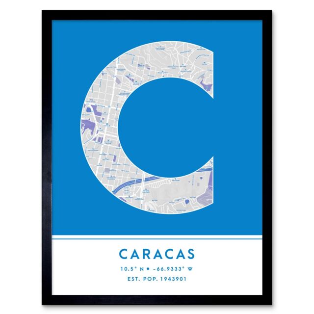 "Wee Blue Coo Wall Art Print Caracas Venezuela City Map Modern Typography Stylish Letter Framed Word in Blue - Size: W12"" x H16""" - image 1