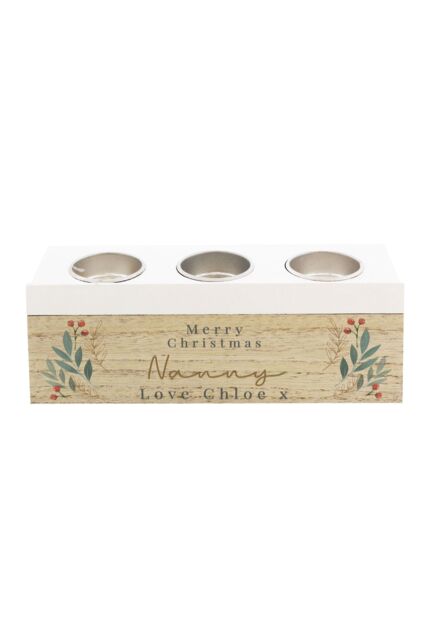 Personalised Memento Company Personalised Christmas Foliage Triple Tea Light Box in Brown - image 1