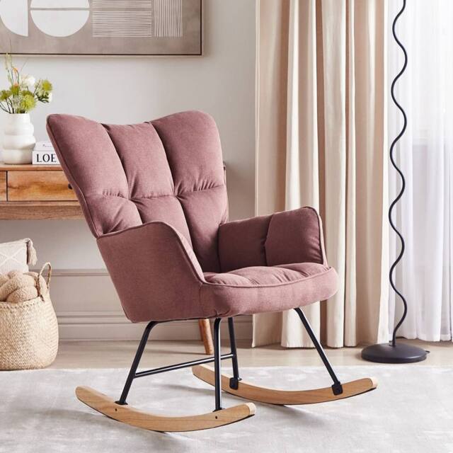 Wyld and Coco Pink Biscuit Tufted Rocking Armchair Woven Fabric and Light Wood - image 1