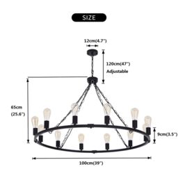 Garwarm 12-Light 99 cm Vintage Pendant Wagon Wheel Chandelier in Black - thumbnail 3