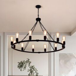 Garwarm 12-Light 99 cm Vintage Pendant Wagon Wheel Chandelier in Black - thumbnail 1