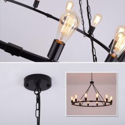 Garwarm 12-Light 99 cm Vintage Pendant Wagon Wheel Chandelier in Black - thumbnail 4