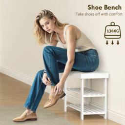HOMCOM 3-Tier Bamboo Shoe Bench with 2 Shelves for Entryway, White - thumbnail 5