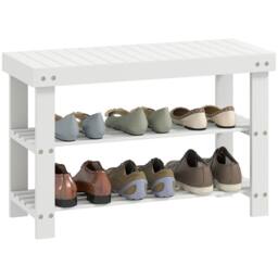 HOMCOM 3-Tier Bamboo Shoe Bench with 2 Shelves for Entryway, White - thumbnail 2
