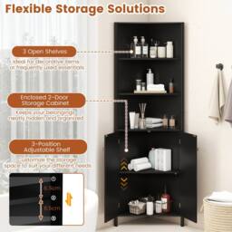 Costway Modern Corner Storage Cabinet w/ 5 Shelves Bathroom Tall Cabinet in Black - thumbnail 3
