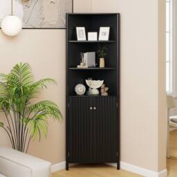 Costway Modern Corner Storage Cabinet w/ 5 Shelves Bathroom Tall Cabinet in Black - thumbnail 5