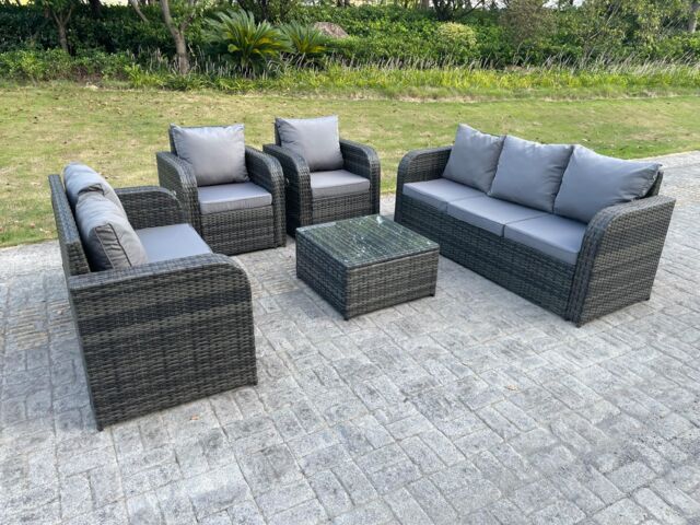Fimous PE Rattan Garden Furniture Set Adjustable Chair Sofa Double Love Seat Lounge Set Square Coffee Table in Dark Grey - image 1